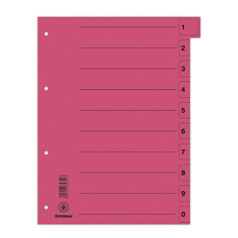 PAKIET Przekładka DONAU, karton, A4, 235x300mm, 0-9, 1 karta z perforacją, czerwona