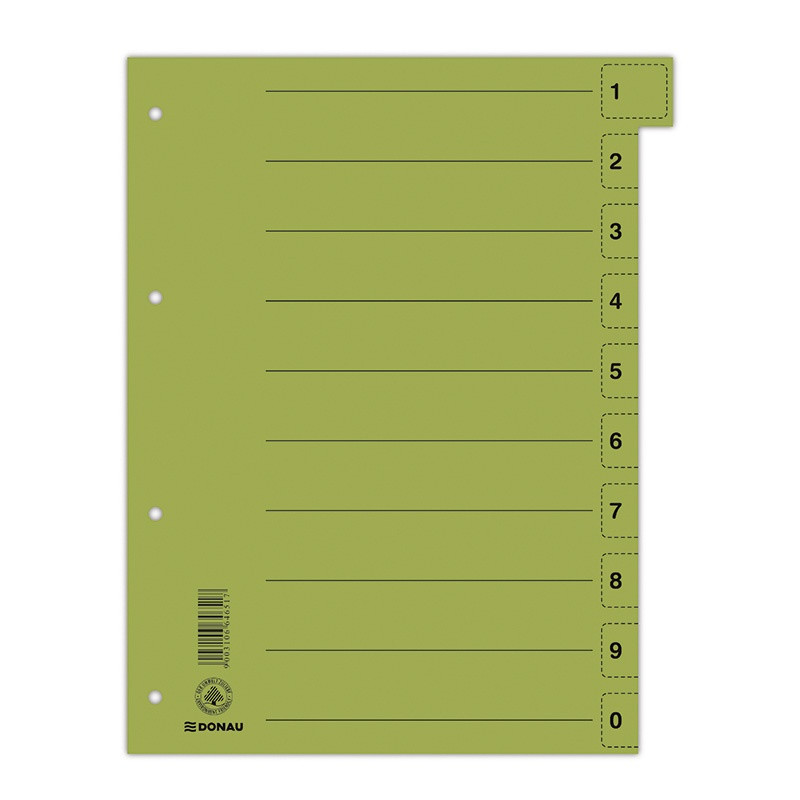 PAKIET Przekładka DONAU, karton, A4, 235x300mm, 0-9, 1 karta z perforacją, zielona