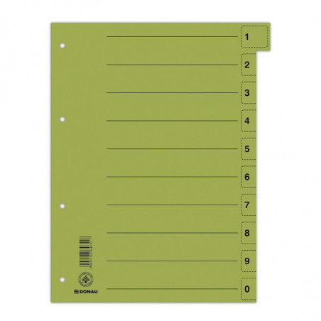 PAKIET Przekładka DONAU, karton, A4, 235x300mm, 0-9, 1 karta z perforacją, zielona