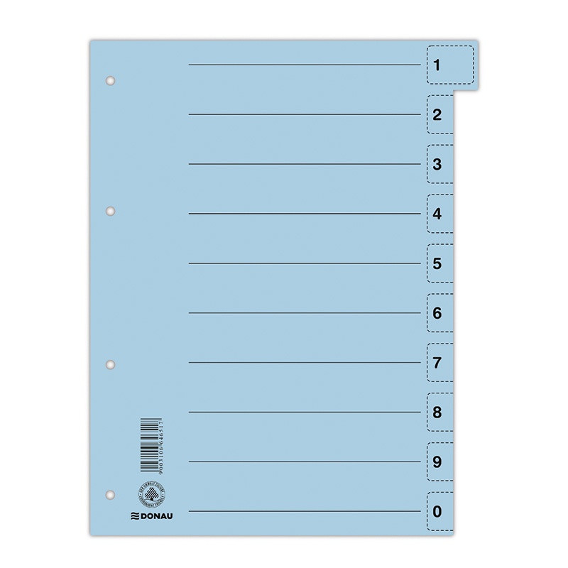 PAKIET Przekładka DONAU, karton, A4, 235x300mm, 0-9, 1 karta z perforacją, niebieska