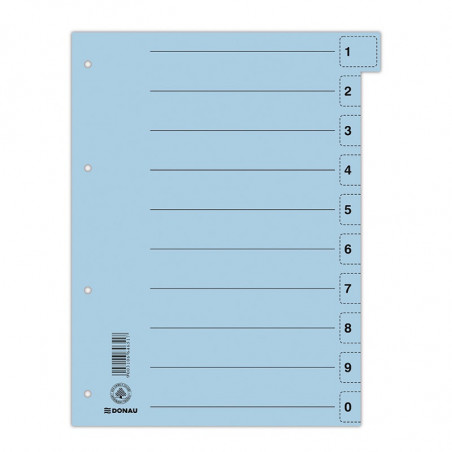 PAKIET Przekładka DONAU, karton, A4, 235x300mm, 0-9, 1 karta z perforacją, niebieska
