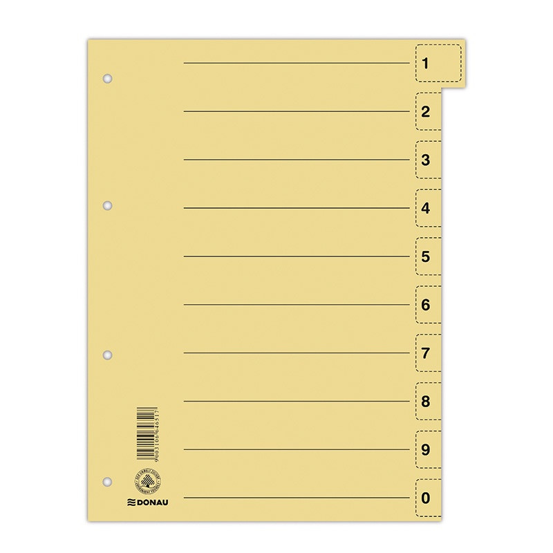 PAKIET Przekładka DONAU, karton, A4, 235x300mm, 0-9, 1 karta z perforacją, żółta