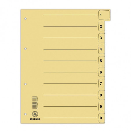 PAKIET Przekładka DONAU, karton, A4, 235x300mm, 0-9, 1 karta z perforacją, żółta