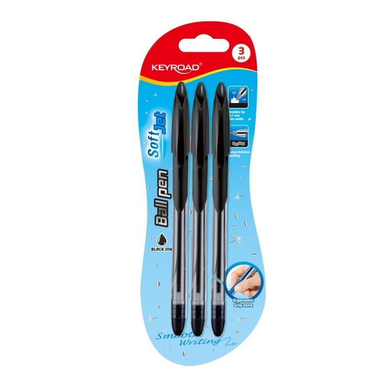 Długopis KEYROAD Ball Pen Soft Jet, miękki uchwyt, 0,7mm, 3 szt., blister, czarny