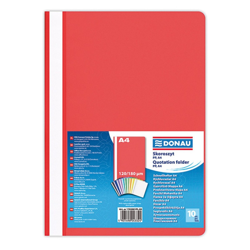 PAKIET Skoroszyt DONAU, PP, A4, standard, 120/180mikr., czerwony