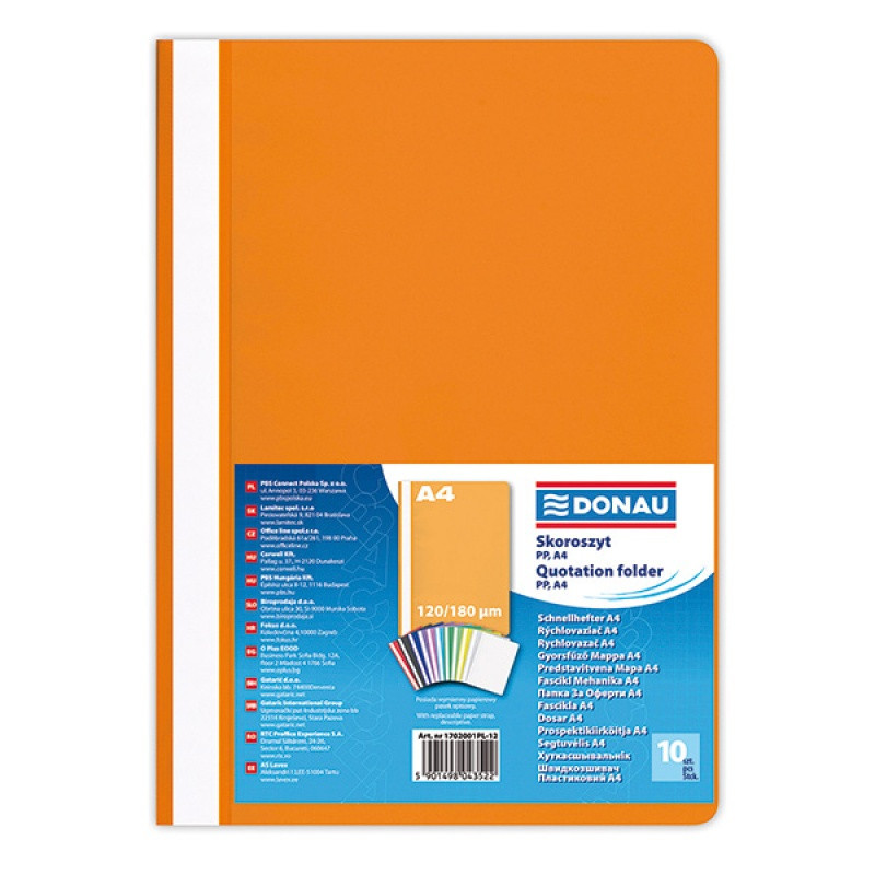 PAKIET Skoroszyt DONAU, PP, A4, standard, 120/180mikr., pomarańczowy