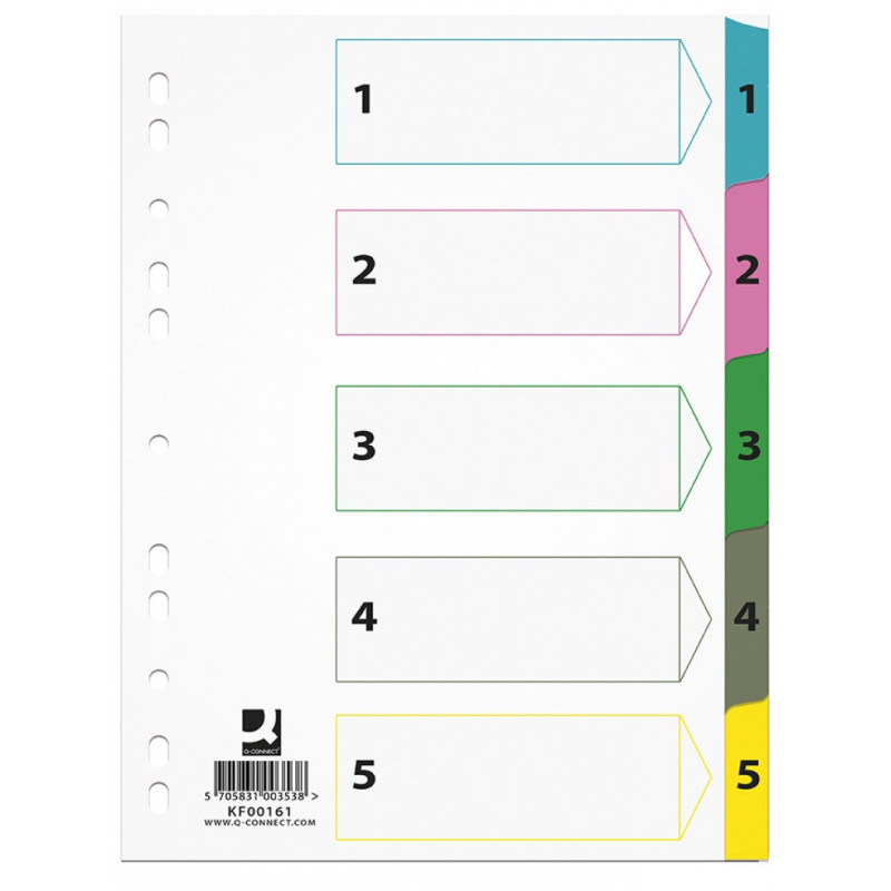 Przekładki Q-CONNECT Mylar, karton, A4, 225x297mm, 1-5, 5 kart, lam. indeks, mix kolorów