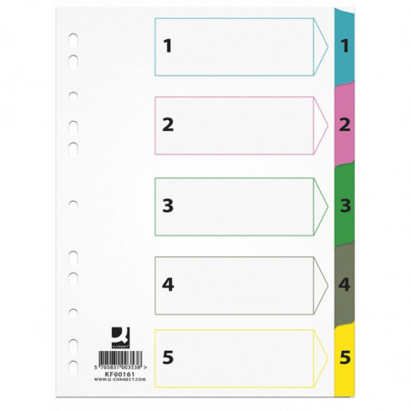 Przekładki Q-CONNECT Mylar, karton, A4, 225x297mm, 1-5, 5 kart, lam. indeks, mix kolorów