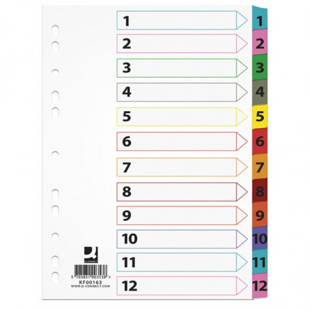 Przekładki Q-CONNECT Mylar, karton, A4, 225x297mm, 1-12, 12 kart, lam. indeks, mix kolorów