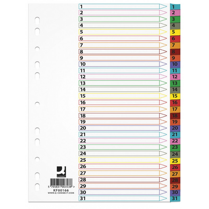 Przekładki Q-CONNECT Mylar, karton, A4, 225x297mm, 1-31, 31 kart, lam. indeks, mix kolorów