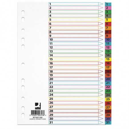 Przekładki Q-CONNECT Mylar, karton, A4, 225x297mm, 1-31, 31 kart, lam. indeks, mix kolorów