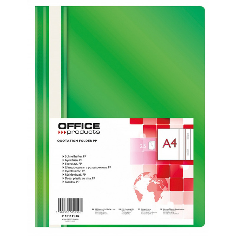 PAKIET Skoroszyt OFFICE PRODUCTS, PP, A4, miękki, 100/170mikr., zielony