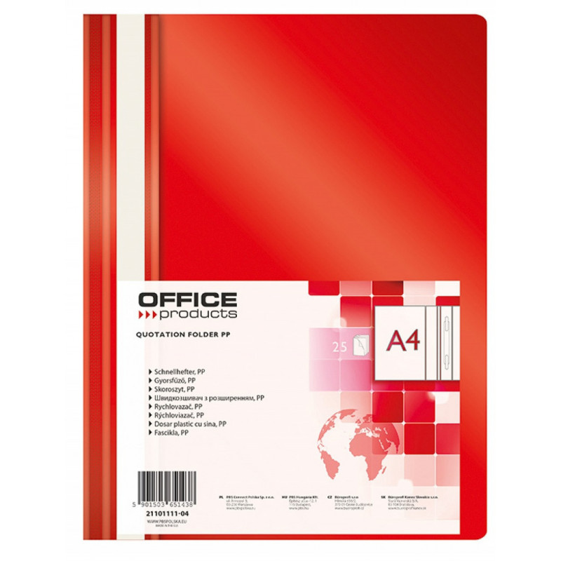 PAKIET Skoroszyt OFFICE PRODUCTS, PP, A4, miękki, 100/170mikr., czerwony
