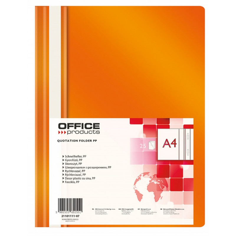 PAKIET Skoroszyt OFFICE PRODUCTS, PP, A4, miękki, 100/170mikr., pomarańczowy