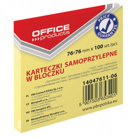 PAKIET Bloczek samoprzylepny OFFICE PRODUCTS, 76x76mm, 1x100 kart., pastel, jasnożółte