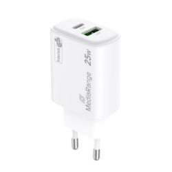 Ładowarka MEDIARANGE 25W, szybkie ładowanie, 1xUSB-C + 1xUSB-A, biały