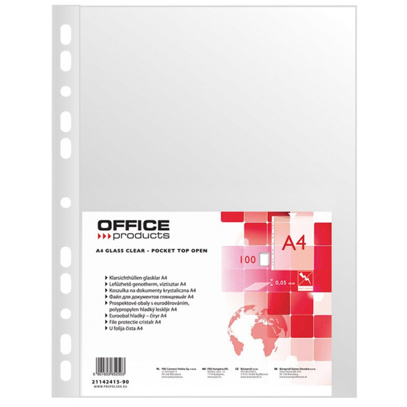 Koszulki na dokumenty OFFICE PRODUCTS, PP, A4, krystal, 50mikr., 100szt.