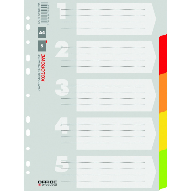 Przekładki OFFICE PRODUCTS, karton, A4, 223x297mm, 5 kart, mix kolorów