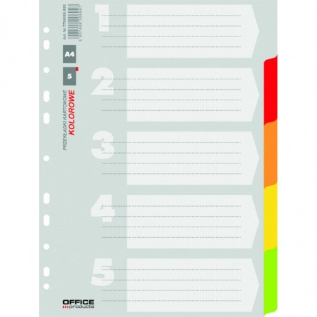 Przekładki OFFICE PRODUCTS, karton, A4, 223x297mm, 5 kart, mix kolorów