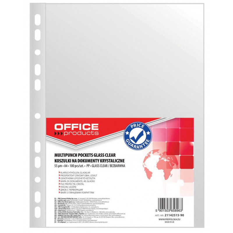 Koszulki na dokumenty OFFICE PRODUCTS, PP, A4, krystal, 55mikr., 100szt.