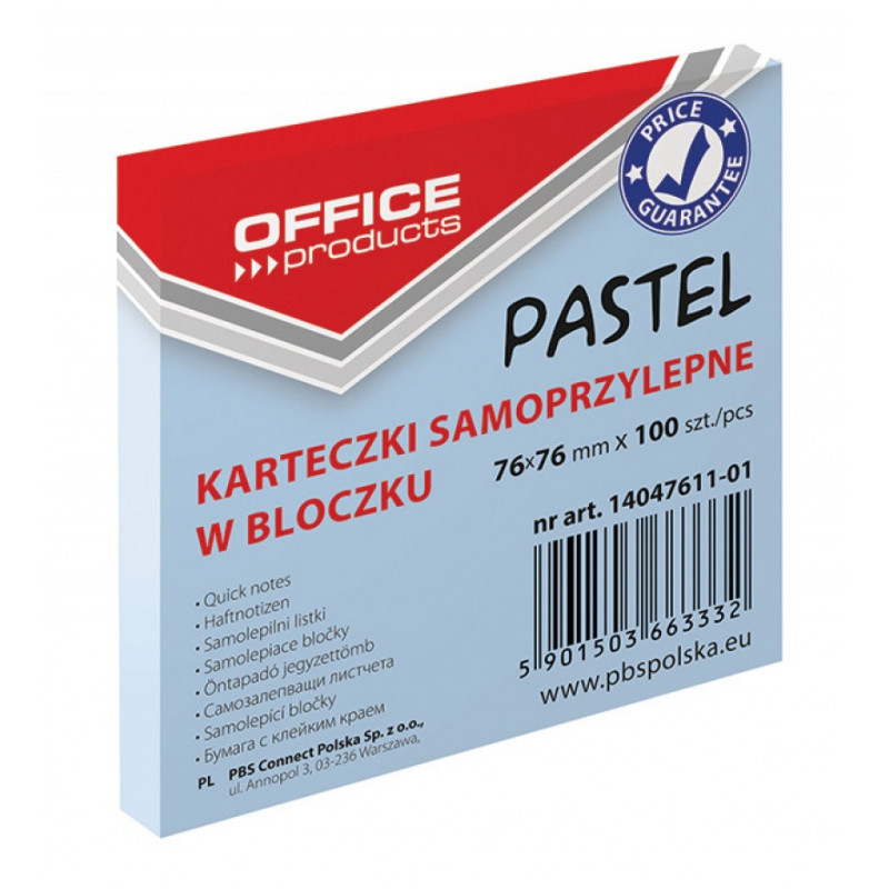 PAKIET Bloczek samoprzylepny OFFICE PRODUCTS, 76x76mm, 1x100 kart., pastel, niebieski