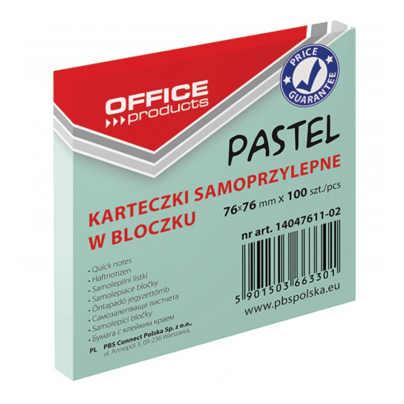 PAKIET Bloczek samoprzylepny OFFICE PRODUCTS, 76x76mm, 1x100 kart., pastel, zielony