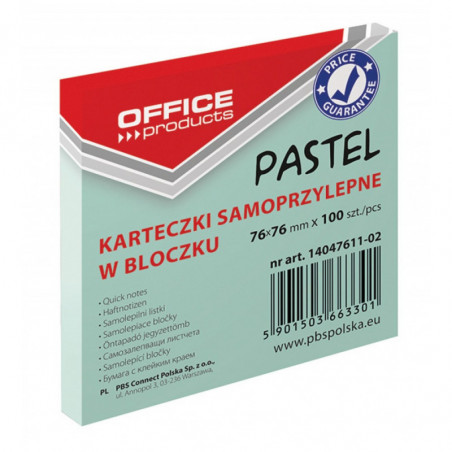 PAKIET Bloczek samoprzylepny OFFICE PRODUCTS, 76x76mm, 1x100 kart., pastel, zielony