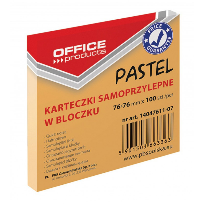 PAKIET Bloczek samoprzylepny OFFICE PRODUCTS, 76x76mm, 1x100 kart., pastel, pomarańczowy