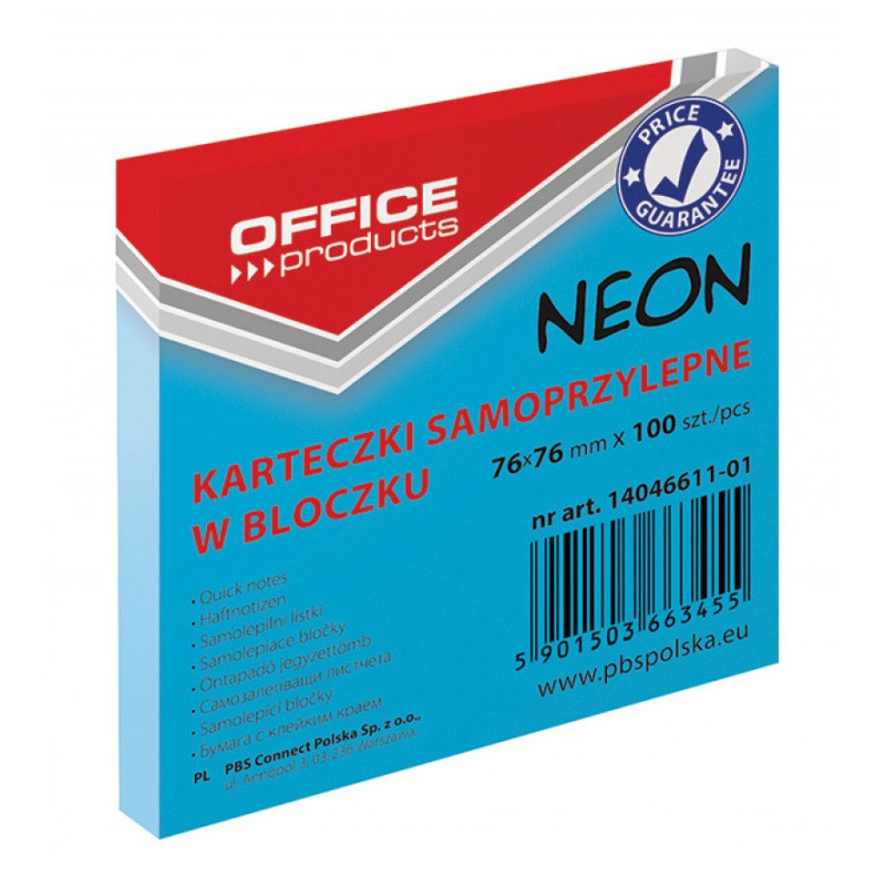 PAKIET Bloczek samoprzylepny OFFICE PRODUCTS, 76x76mm, 1x100 kart., neon, niebieski