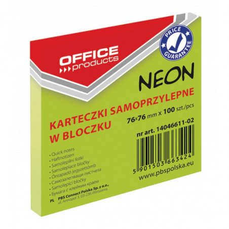 PAKIET Bloczek samoprzylepny OFFICE PRODUCTS, 76x76mm, 1x100 kart., neon, zielony