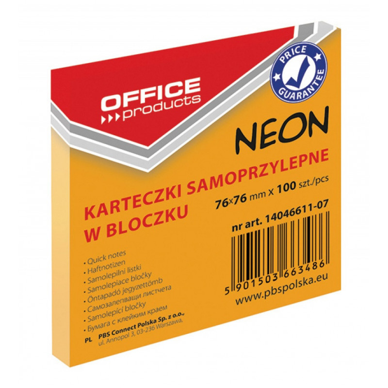 PAKIET Bloczek samoprzylepny OFFICE PRODUCTS, 76x76mm, 1x100 kart., neon, pomarańczowy