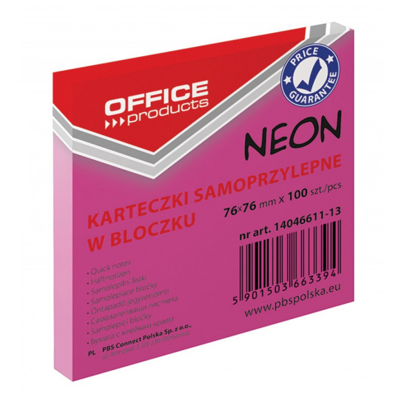 PAKIET Bloczek samoprzylepny OFFICE PRODUCTS, 76x76mm, 1x100 kart., neon, różowy