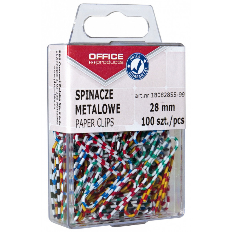 Spinacze metalowe OFFICE PRODUCTS Zebra, powlekane, 28mm, w pudełku, 100szt., mix kolorów