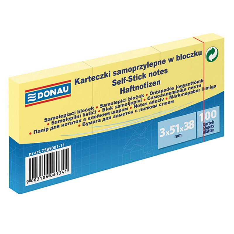 PAKIET Bloczek samoprzylepny DONAU, 38x51mm, 1x100 kart., jasnożółty