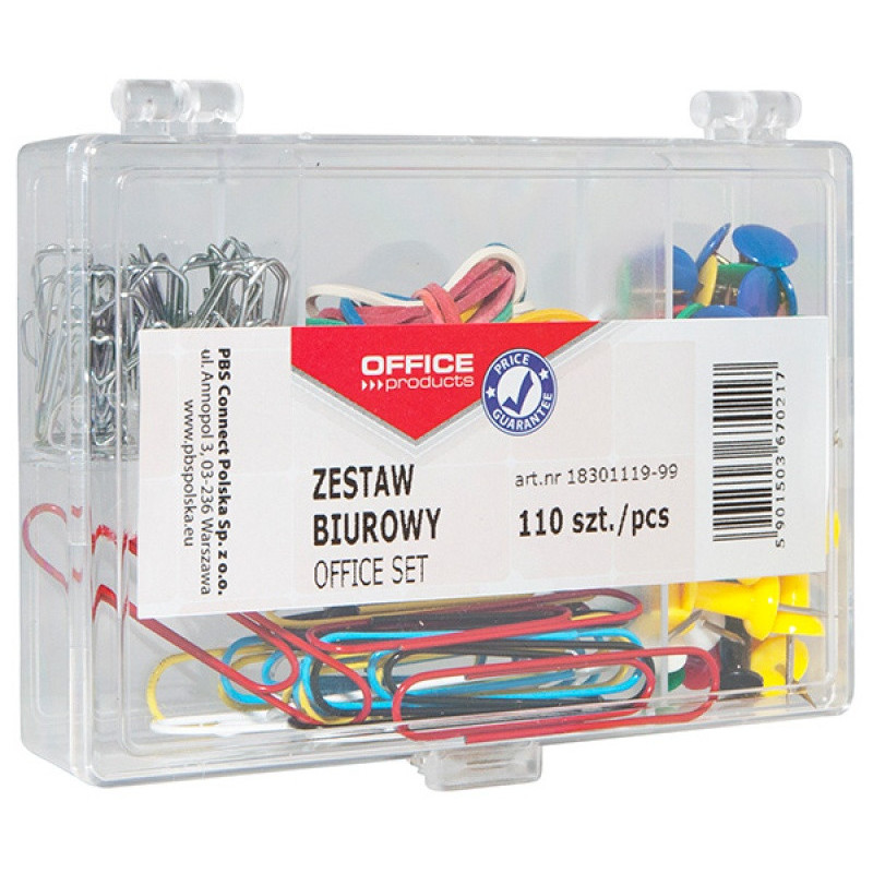 PAKIET Zestaw biurowy (pinezki, gumki i spinacze) OFFICE PRODUCTS, mix 110szt.