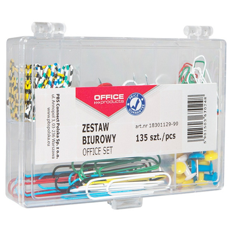 PAKIET Zestaw biurowy (pinezki i spinacze) OFFICE PRODUCTS, mix 135szt.