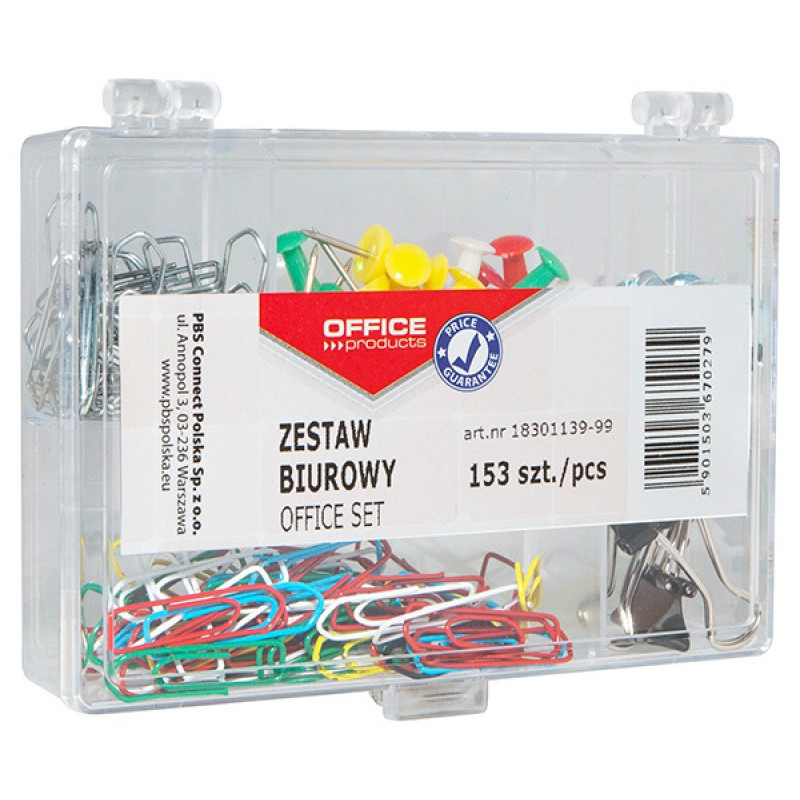 PAKIET Zestaw biurowy (pinezki, klipy i spinacze) OFFICE PRODUCTS, mix 153szt., mix kolorów