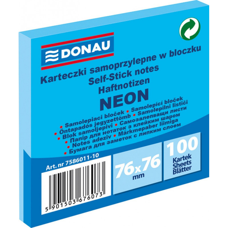 Bloczek samoprzylepny DONAU, 76x76mm, 1x100 kart., neon, niebieski