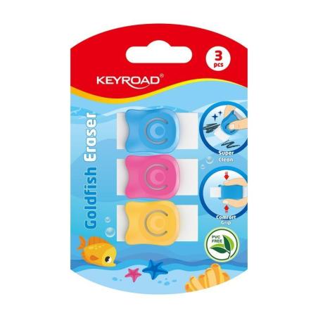 Gumka do ścierania KEYROAD Goldfish, z osłoną, 3 szt., blister, mix kolorów