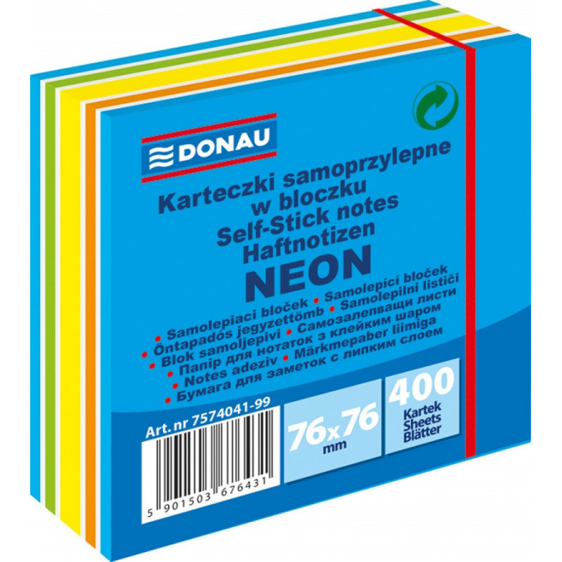 Kostka samoprzylepna DONAU, 76x76mm, 1x400 kart., neon-pastel, mix niebieski