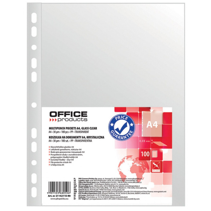 Koszulki na dokumenty OFFICE PRODUCTS, PP, A4, krystal, 30mikr., 100szt.