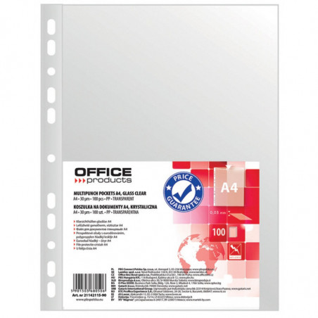 Koszulki na dokumenty OFFICE PRODUCTS, PP, A4, krystal, 30mikr., 100szt.
