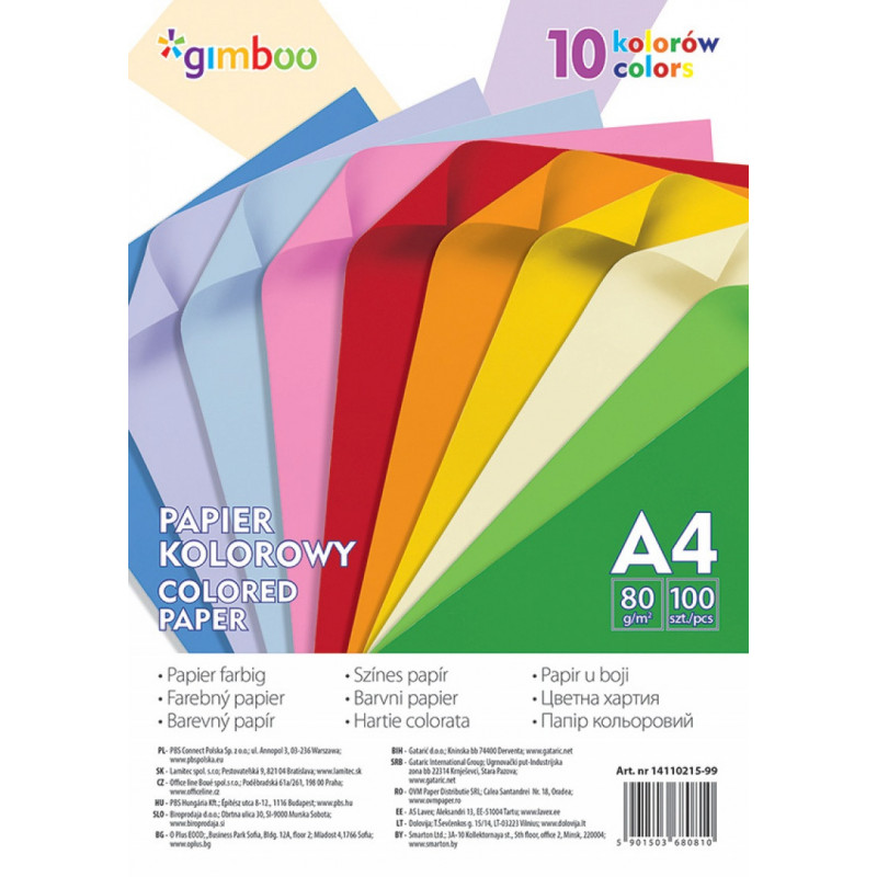 Papier kolorowy GIMBOO, A4, 100 arkuszy, 80gsm, 10 kolorów neonowych