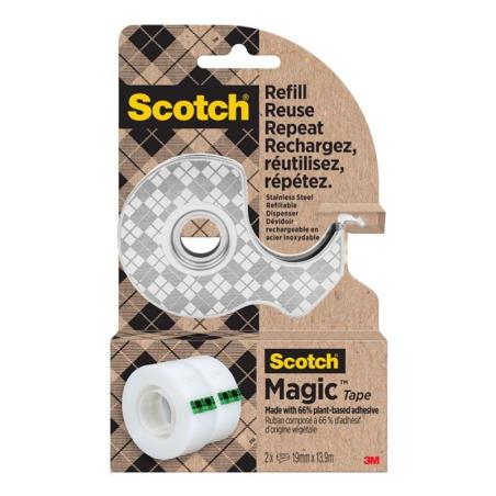 Dyspenser taśmy SCOTCH, ze stali nierdzewnej + 2x taśma Magic 19mm x 13,9m, srebrny