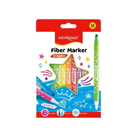 Flamastry KEYROAD Fiber Marker, wymazywalne, 12 szt., mix kolorów