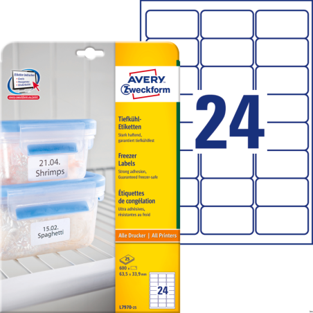 Etykiety na mrożonki Avery Zweckform, A4, białe, 63,5 x 33,9 mm, 600 sztuk w opakowaniu