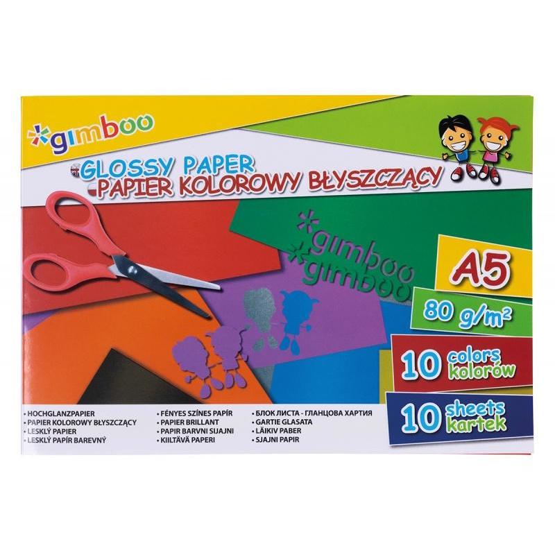 PAKIET Zeszyt papierów kolorowych błyszczących GIMBOO, A5, 10 kartek, 80gsm, mix kolorów