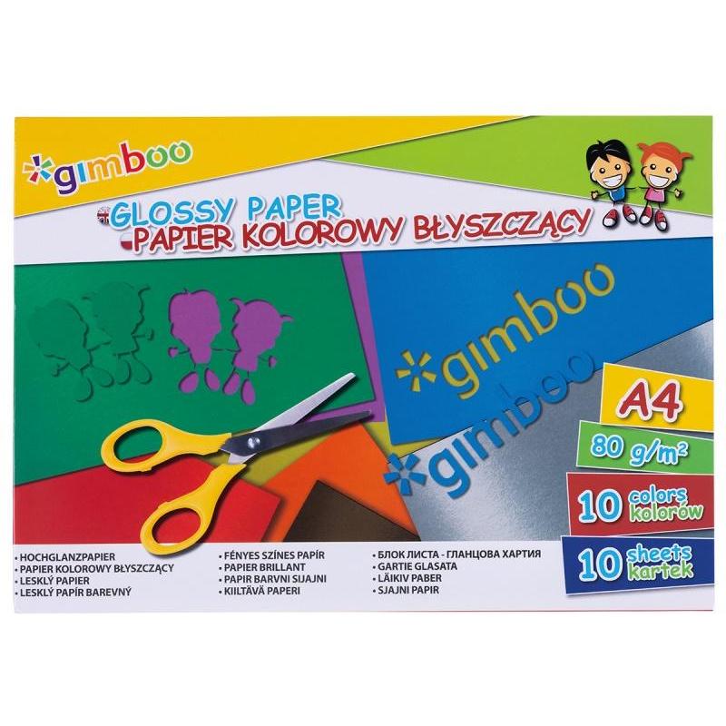 PAKIET Zeszyt papierów kolorowych błyszczących GIMBOO, A4, 10 kartek, 80gsm, mix kolorów