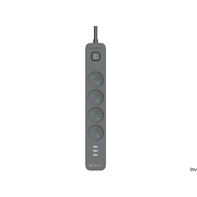 Tracer Listwa Zasilająca Antyprzepięciowa Power Line+ 1.5 m (4 gniazda + 3 USB A, 5V, 2,4A)