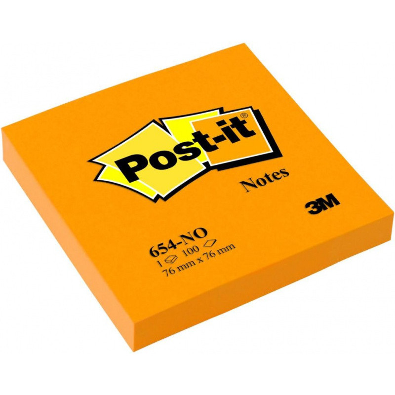 Karteczki samoprzylepne POST-IT (654N), 76x76mm, 1x100 kart., jaskrawy pomarańczowy